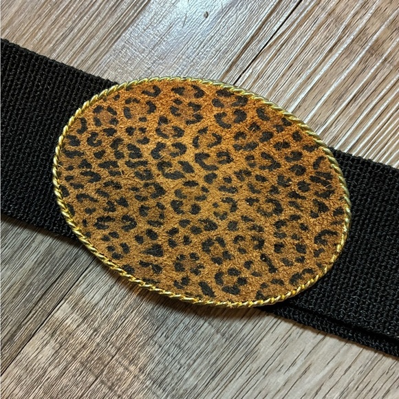 Vintage Accessories - Vintage 80s 90s Elastic Belt Felted Metal Leopard Black